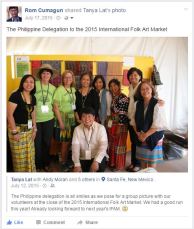 Tanya Lat, Program Officer for Formation (Social Programs) Ateneo de Manila University Law School, Executive Director for Association of Law Schools, Professor at Ateneo posted a photo on her facebook commenting: The Philippine delegation is all smiles as we pose for a group picture with our volunteers at the close of the 2015 International Folk Art Market. We had a good run this year! Already looking forward to next year’s IFAM. smile emoticon — with Andy Moran, Bernadeth Ofong, Anna India Legaspi, Beng Ronquillo-Camba, Noi Quesada and Ruth P. Canlasin Santa Fe, New Mexico